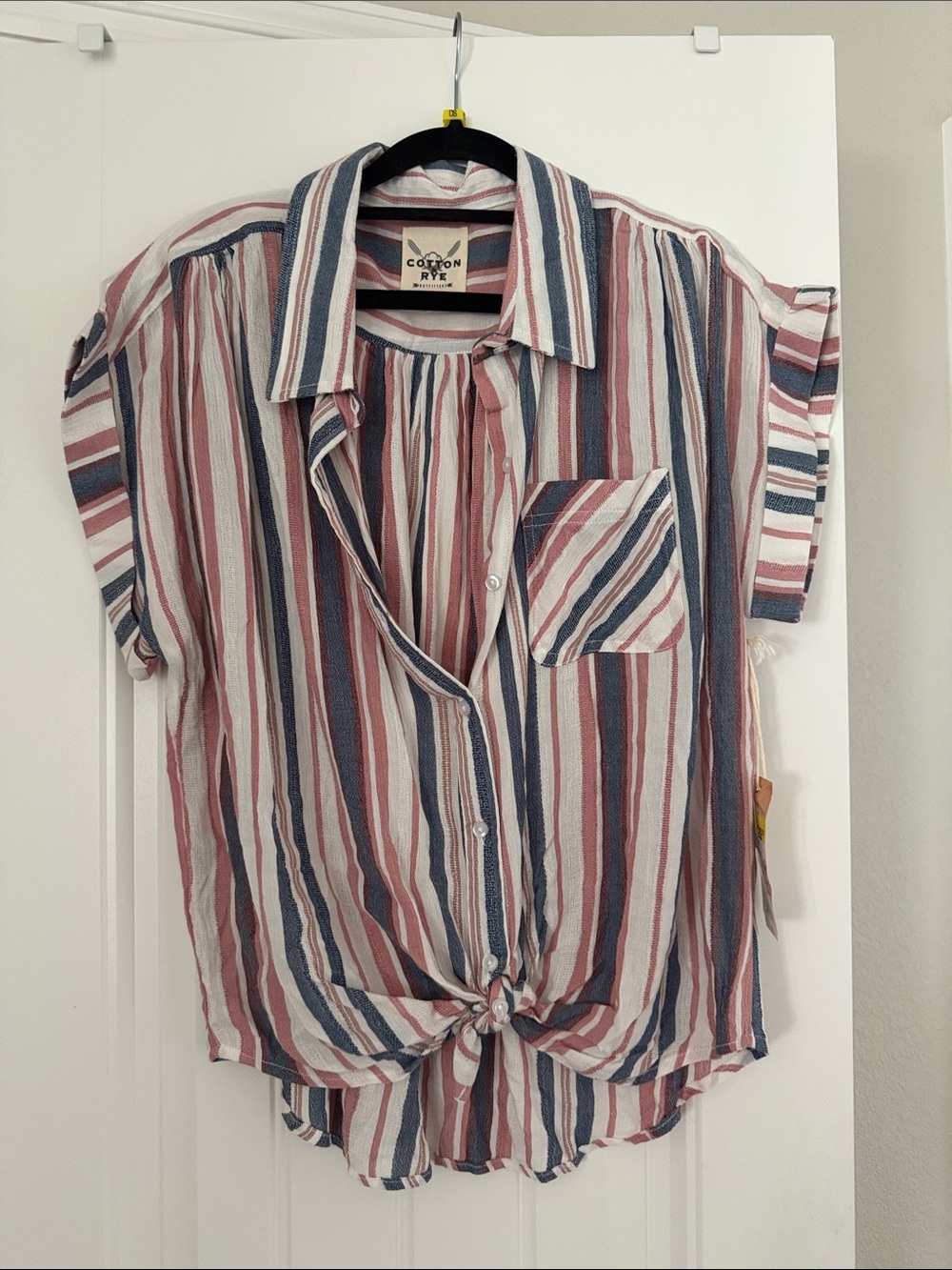 Cotton Rye Striped Button-Front Tie Hem Shirt - Blue & Pink NWT